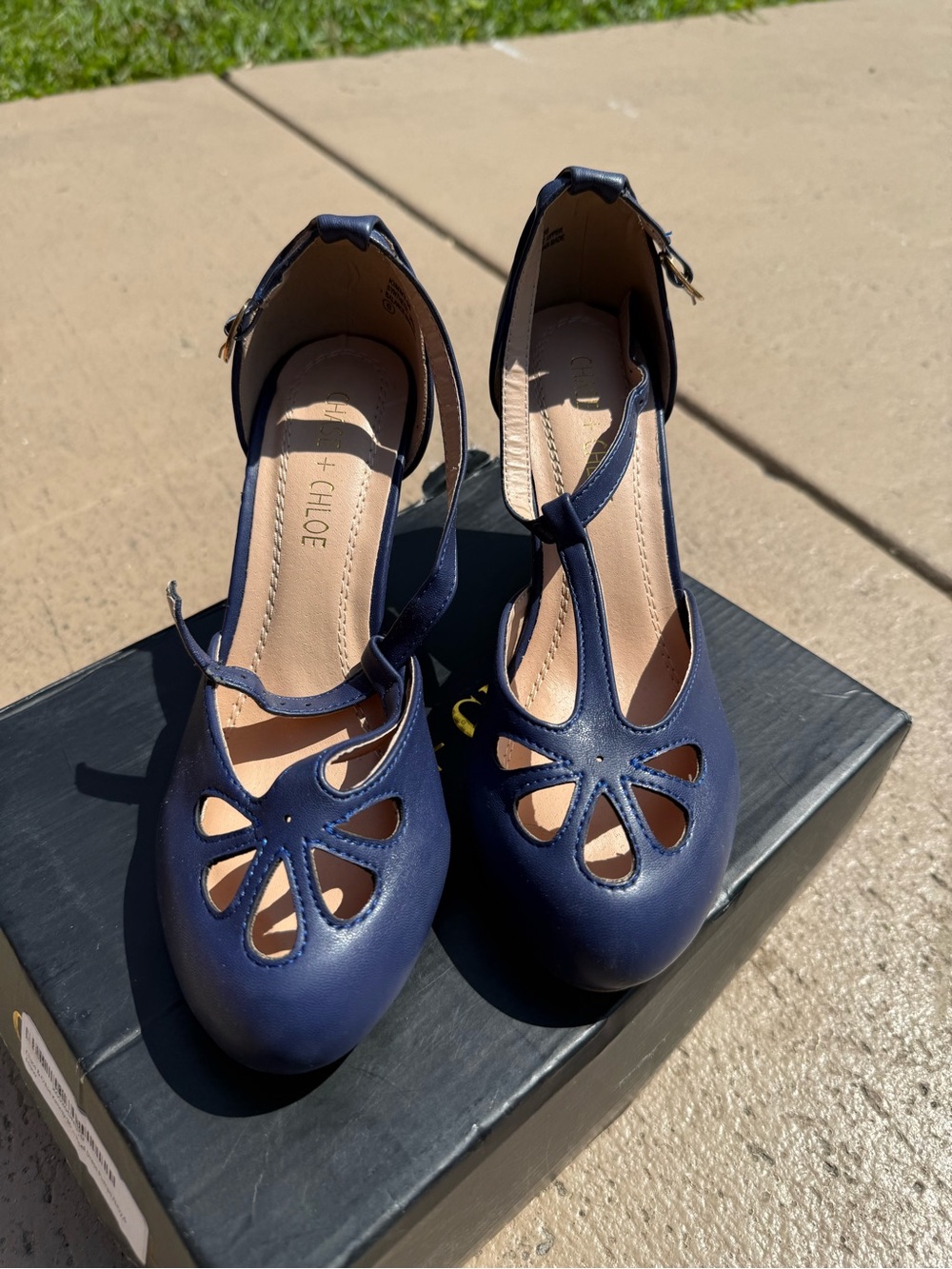 Chloe Navy Blue T-Strap Cutout Leather Heels - Women